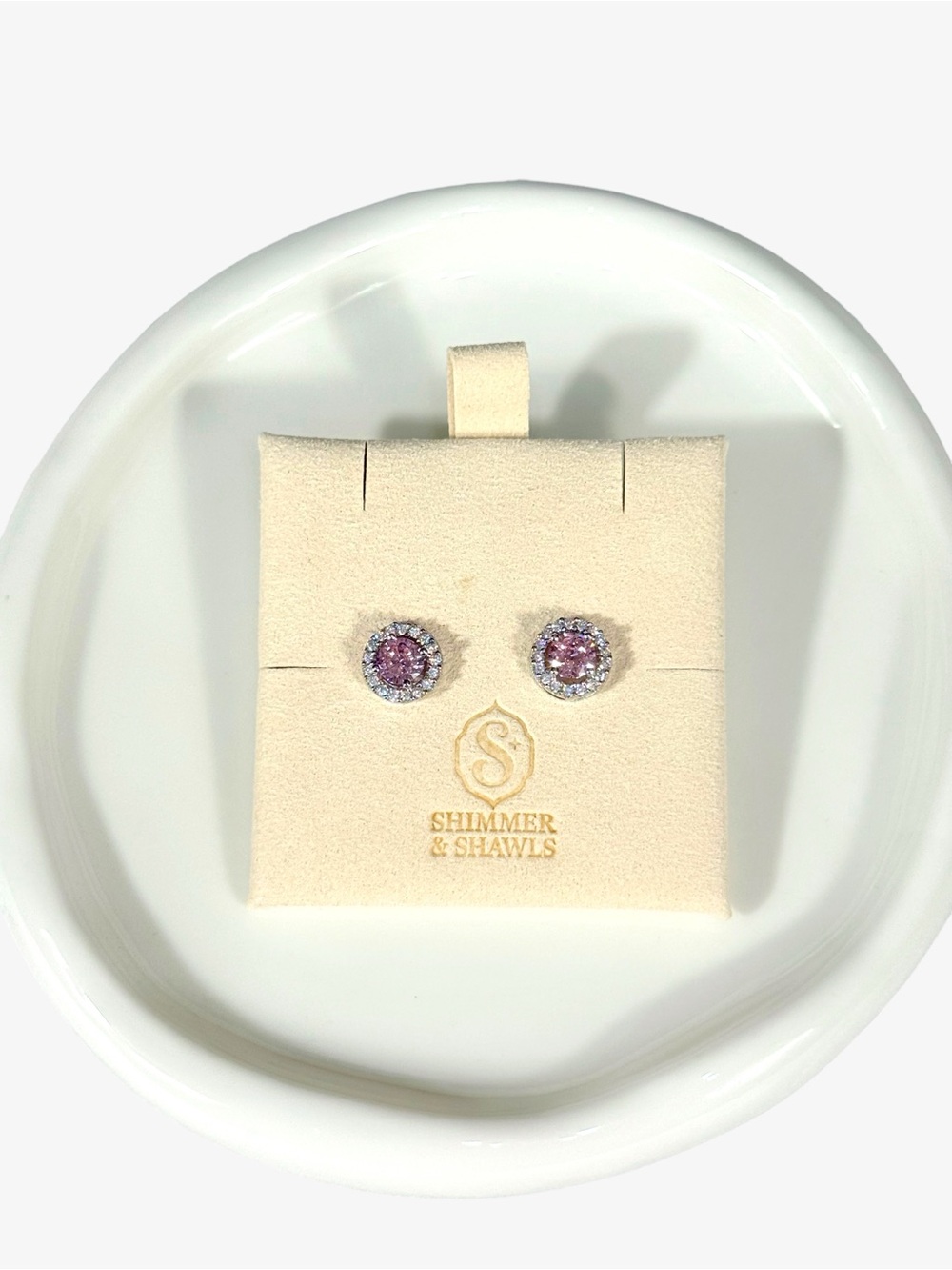 Sterling Silver Pink CZ Halo Stud Earrings with AAA clear CZ Pave - Picture 6 of 7